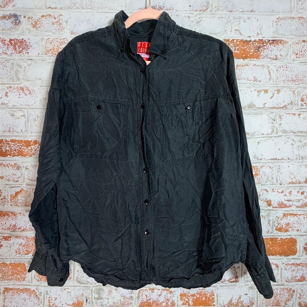 Vtg Oleg Cassini‎ Button Down Shirt Women Small Black 100% Silk Long Sleeve